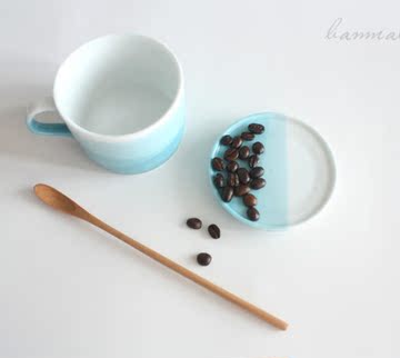 zakka陶瓷咖啡杯 渐变多层次蓝色水杯清新礼物有盖托盘礼物包邮