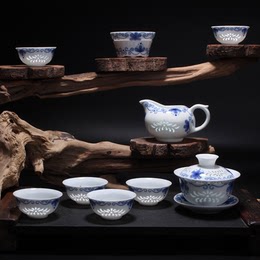 青花瓷蜂窝玲珑镂空茶具整套 陶瓷茶壶盖碗茶杯功夫茶具套装包邮
