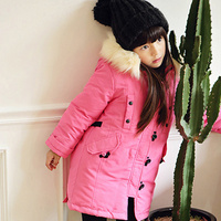 斑可可 2015冬季 韩国新款 休闲毛领中长款 连帽加厚 棉衣女童