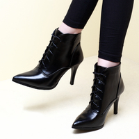 尖头短靴女2015冬季新款细跟高跟马丁靴黑色潮欧美性感系带女靴子