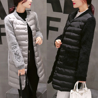 2015韩版冬季拼接羽绒棉高档中长款棉衣棉服 时尚显瘦保暖女外套