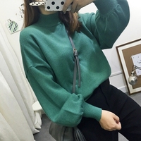 2015冬 韩国订单 复古简约厚实含兔绒半高领灯笼袖套头毛衣女