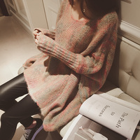 2015秋冬季韩版新款宽松蝙蝠衫彩色针织显瘦套头大领口毛衣外套女