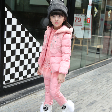 童装2015冬装新款韩版女童加厚棉服中大童卫衣套装儿童棉衣三件套