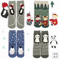 韩国卡通可爱圣诞中筒袜 秋冬女士加厚毛圈长袜 全棉毛巾袜子女