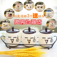 陶瓷调味罐套装  创意可爱表情调料品罐盐罐三件套装厨房调料盒