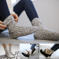 袜子女棉袜韩国保暖针织粗线袜秋冬季中筒短袜纯色毛呢女士袜加厚