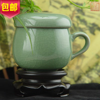 热卖龙泉青瓷茶杯哥窑冰裂杯带盖办公杯陶瓷过滤茶漏两层个人杯