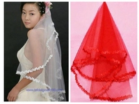 苏州新娘婚纱晚礼服配件头纱新款婚礼新娘头纱红色头纱大红色花边