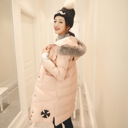 冬季新款韩版中长款勋章连帽大毛领羽绒棉服修身保暖面包棉服外套