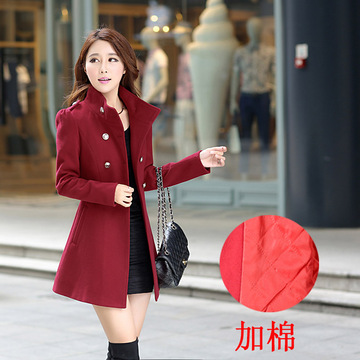 2015秋冬新款女士韩版双排扣呢子大衣修身中长款加厚加棉毛呢外套