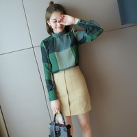 2016秋装新款女装韩版休闲气质立领衬衫宽松百搭衬衣长袖格子上衣