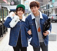 2015冬季韩版男女款加绒牛仔外套情侣装加厚中长款棉衣保暖棉服潮