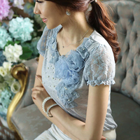 2015夏装新款欧根纱短袖t恤韩版立体绣花蕾丝淑女大码精品上衣潮
