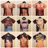 立体逼真搞怪裸女cd情侣短袖上衣恶搞个性创意3D肌肉男士T恤男潮