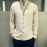 新款秋冬季男士亚麻长袖衬衫 修身型韩版青少年翻领纯色棉麻衬衣