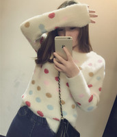 2015韩版秋冬女装甜美波点宽松针织衫开衫显瘦马海毛毛衣外套