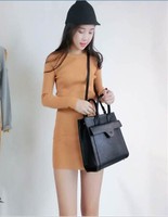 韩版时尚新款修身显瘦高弹性螺纹插肩袖打底衫针织打底裙包臀裙女