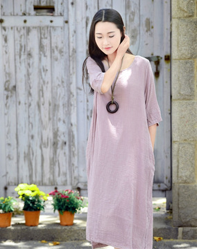 2015年夏季长裙女装复古棉麻连衣裙五分袖中袖文艺长袍子纯色宽松