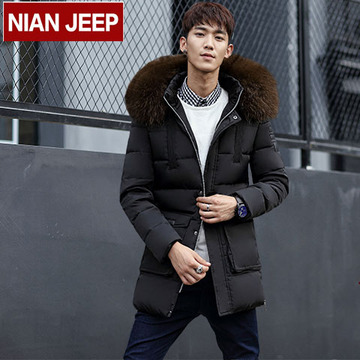 2016新款韩版男装 商务休闲90%带毛领可脱卸帽中长款外穿青羽绒服