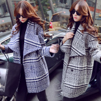 2015冬季新款韩版羊毛呢外套女中长款复古条纹千鸟格子大衣翻领潮