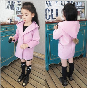 冬季时尚气质韩版可爱女童纯色连帽长袖呢大衣甜美粉色百搭外套