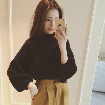2015秋季新品宽松显瘦纯色高领套头毛衣外套韩国长袖针织上衣女潮