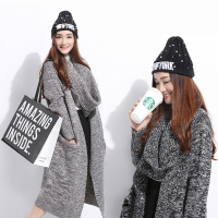 冬季新品韩版毛大衣针织纺羊绒加厚宽松中长款连帽开衫外套女毛衣