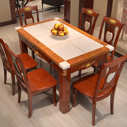 欧式红棕色黄玉大理石餐桌椅组合 长方形实木烤漆中式美式餐桌