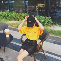 2016夏季韩范新款百搭纯棉字母印花黄色短袖t恤女宽松体恤上衣