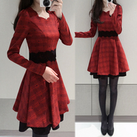 2016春秋新款 韩版长袖红色格子大摆裙 气质修身显瘦连衣裙