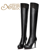 2015冬季新款黑色高跟真皮女靴长靴防水台水钻细跟过膝靴骑士靴潮