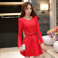 2016新款韩版新年气质修身蕾丝红色连衣裙大码女装显瘦打底a字裙
