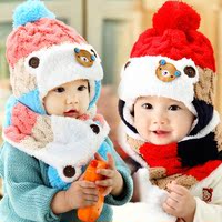 冬季彩色帽子两件套小孩套头帽婴儿童帽毛线帽围巾加绒