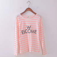 2015秋季女上衣打底衫粉色长袖T恤圆领字母条纹印花棉显瘦