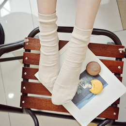 韩国女式袜子春秋季纯棉中筒袜女款复古日系全棉潮袜纯色厚堆堆袜