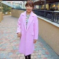 2015秋冬新品 韩版甜美清新粉色茧型中长款毛呢外套 毛呢大衣