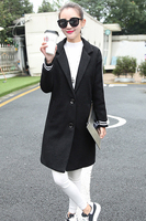 2015韩版秋冬新款长袖条纹修身毛呢外套西装领中长款羊毛呢子大衣