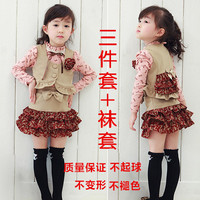 2015女童新款春秋裙套装儿童公主纯棉长袖裙子三件套韩国童装包邮