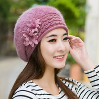 毛线帽子女秋冬季韩版潮兔毛帽纯色加厚贝雷帽保暖针织护耳帽花朵