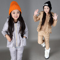2015童装新款冬装潮女童加绒加厚套装中大童韩版大口袋三件套