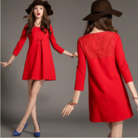 欧美女装春装新款新年装气质大红色蕾丝拼接短裙连衣裙
