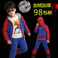 童装男童2015冬款加绒加厚儿童蜘蛛侠套装超人两件套包邮女童衣服