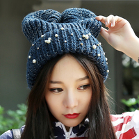 韩版秋冬可爱熊仔耳朵珍珠毛线帽子女潮纯手工加厚套头翻边针织帽