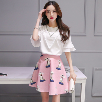 2016夏装新款韩版小清新荷叶袖修身上衣立体印花短裙两件套套装女