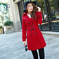 模特实拍 2015冬装新款女装奢华红色双排扣配腰带羊毛呢大衣