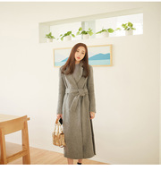 【双十一新品】2015韩国女装秋冬装新款开叉长袖长款修身系带毛呢