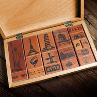 DIY相册素材 旅行者 世界名胜风景 韩国复古木盒印章组