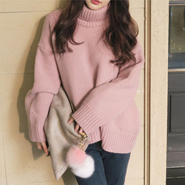 韩国冬季新款高领宽松百搭纯色蝙蝠袖套头显瘦长袖加厚针织毛衣女
