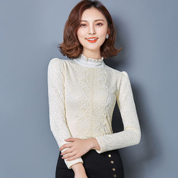 加绒蕾丝衫女2015冬装新款韩版女装上衣中长款秋季加厚长袖打底衫